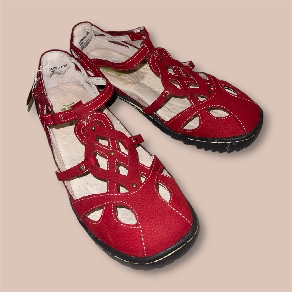 New JAMBU Spain Red Suede Strappy Sandals Sz 7 NWT